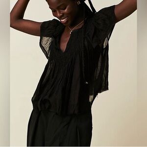 Free People FP One Padma Top Black V Neck Flutter Sleeve Blouse Size SMALL